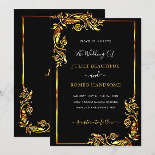 Floral encadré Faire-part de mariage doré Or noir