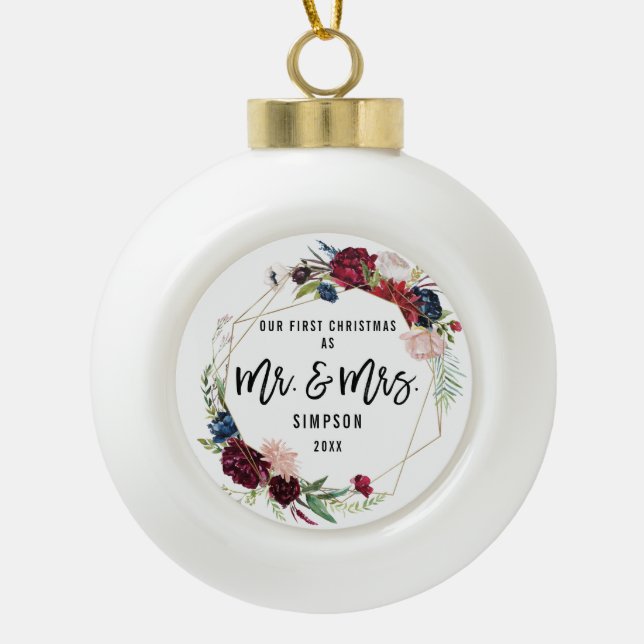 Floral Erste Weihnachten Herr und Frau Keramik Kugel-Ornament (Vorderseite)