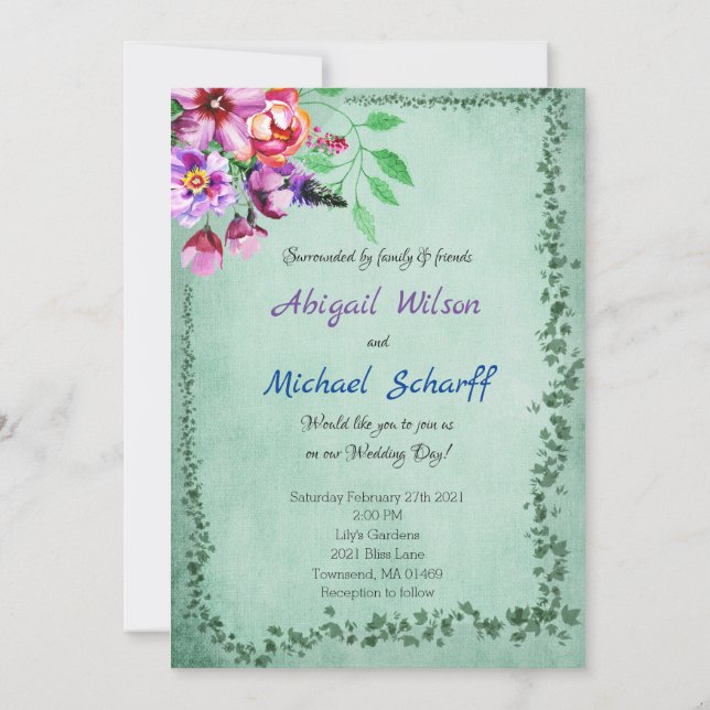 Floral Evergreen Hochzeitseinladungen Einladung (Rückseite)