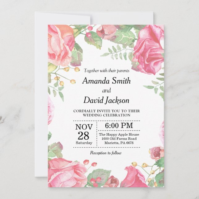 Floral Faire-part de mariage rose Aquarelle Floral (Devant)
