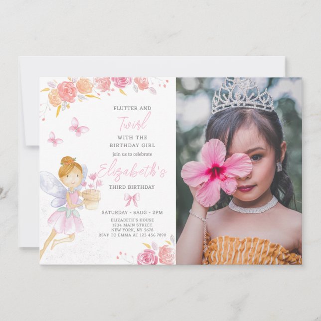 Floral Fairy Anniversaire Invitation Avec Photo (Devant)
