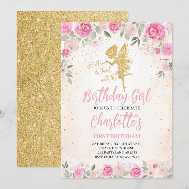 Floral Fairy Birthday Gold Glitzer Einladung (Vorne/Hinten)