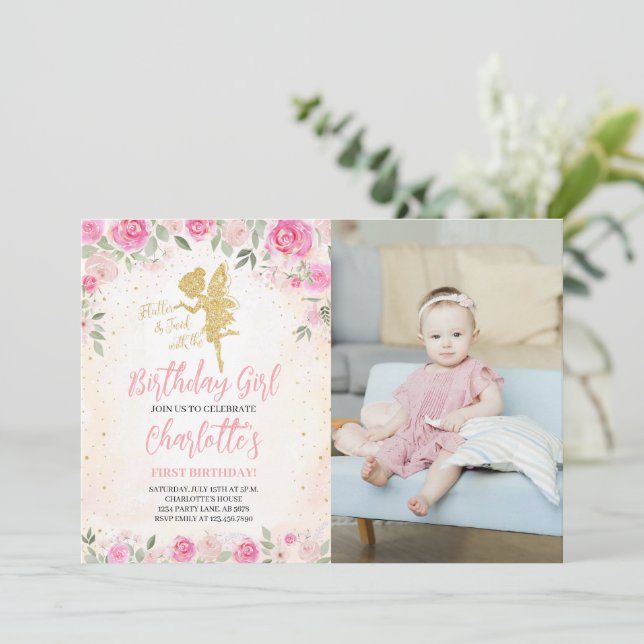 Floral Fairy Birthday Gold Glitzer Foto Einladung (Stehend Vorderseite)