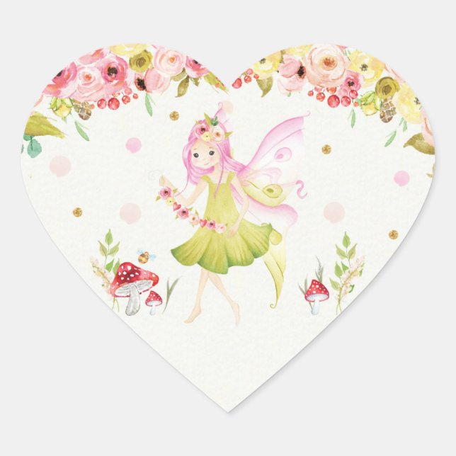 Floral Fairy Birthday Party Gefallen Herz-Aufkleber (Vorderseite)