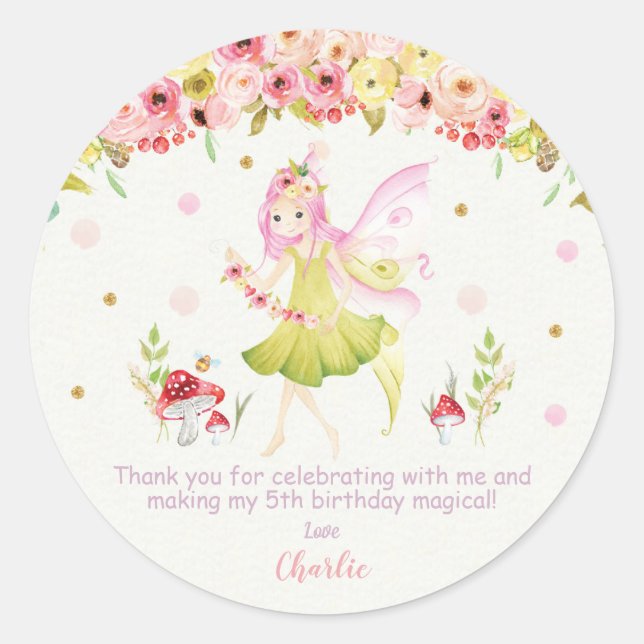 Floral Fairy Birthday Party Gefallen Vielen Dank Runder Aufkleber (Vorderseite)