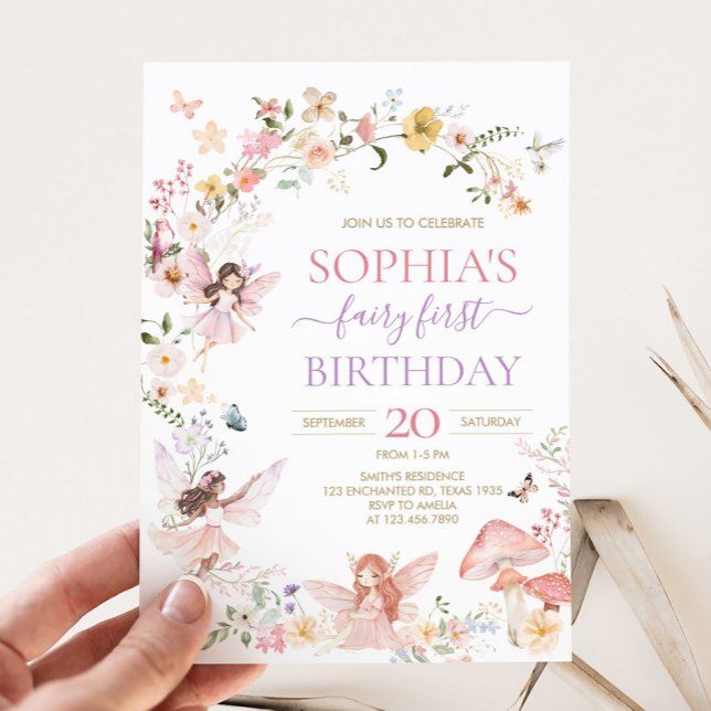 Floral Fairy First Birthday Party Invitation (Floral Wildflower Fairy First Birthday Party Invitation)