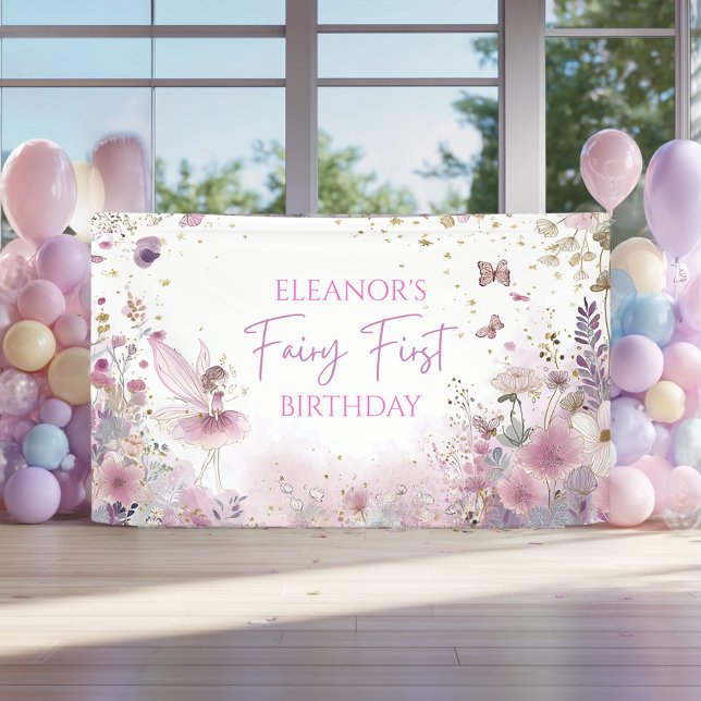 Floral Fairy First Birthday Personalisierte Feier Banner (Von Creator hochgeladen)