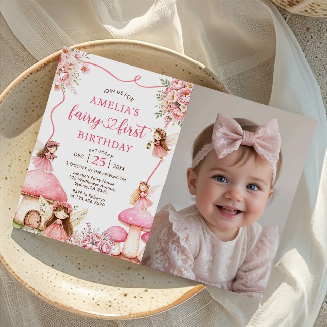 Floral Fairy First Girls 1st Birthday Party Photo Einladung (Von Creator hochgeladen)