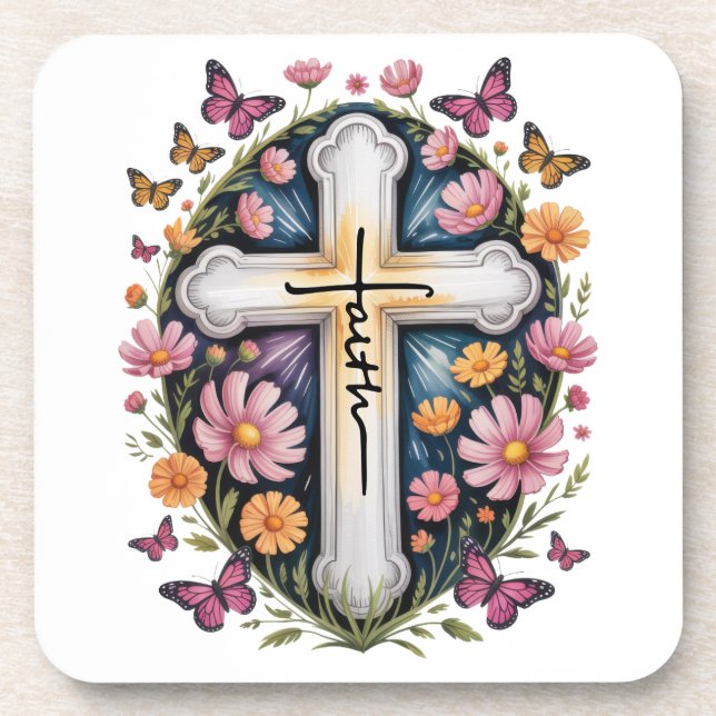 Floral Faith Cross Getränkeuntersetzer (Vorderseite)