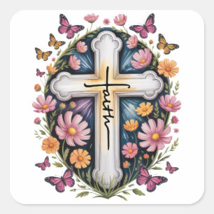 Floral Faith Cross Quadratischer Aufkleber
