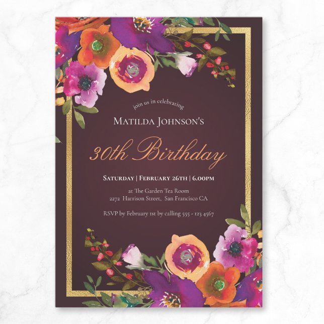 Floral Fall Burgund 30. Geburtstag Party Einladung (Floral Fall Burgundy 30th Birthday Party Invitation)