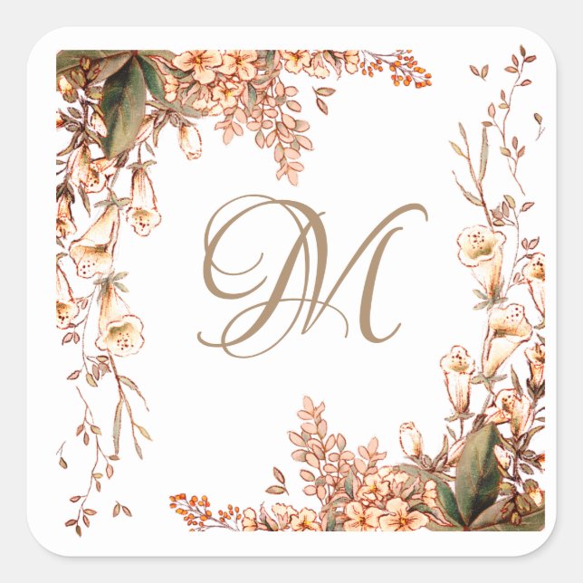 Floral Fall Garland Script Monogram Elegant Quadratischer Aufkleber (Vorderseite)