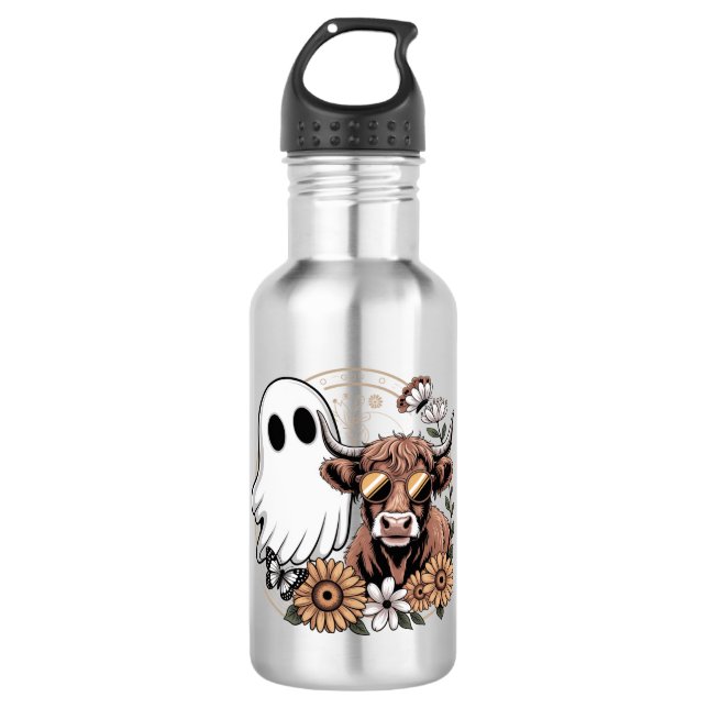 Floral Fall Highland Cow Ghost Edelstahlflasche (Vorderseite)