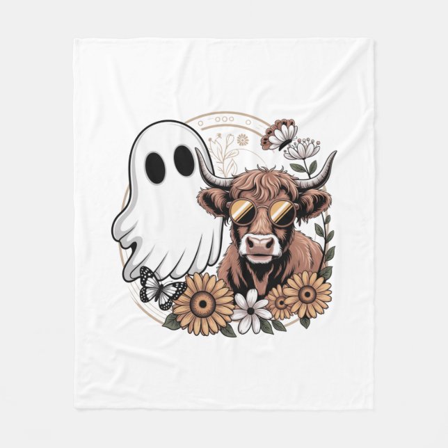 Floral Fall Highland Cow Ghost Fleecedecke (Vorderseite)