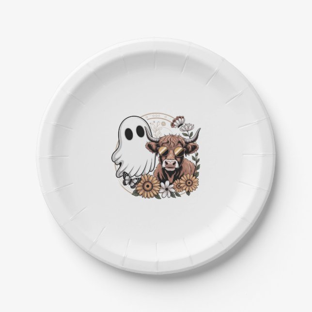 Floral Fall Highland Cow Ghost Pappteller (Vorderseite)