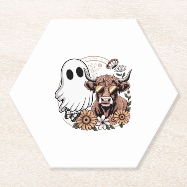 Floral Fall Highland Cow Ghost Untersetzer (Vorderseite)