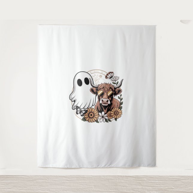 Floral Fall Highland Cow Ghost Wandteppich (Vorderseite)