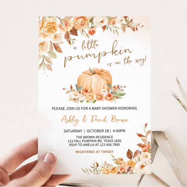 Floral Fall Little Pumpkin Baby Dusche Einladung (Orange Pumpkin Baby Shower Invitation)