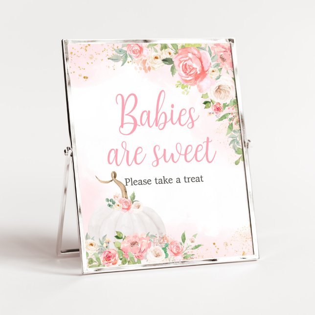 Floral Fall Pumpkin Baby Dusche Babys sind süß Poster (Pink Pumpkin Baby Shower Babies are Sweet Sign)