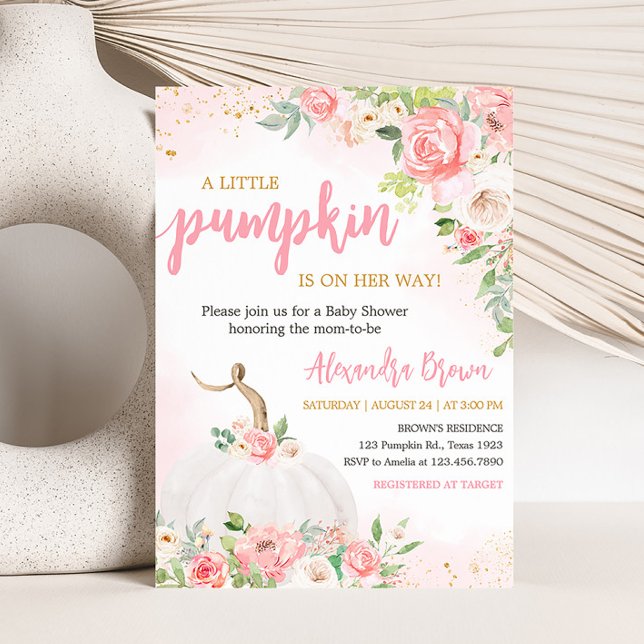 Floral Fall Pumpkin Baby Dusche Einladung (Pink Pumpkin Baby Shower Invitation)
