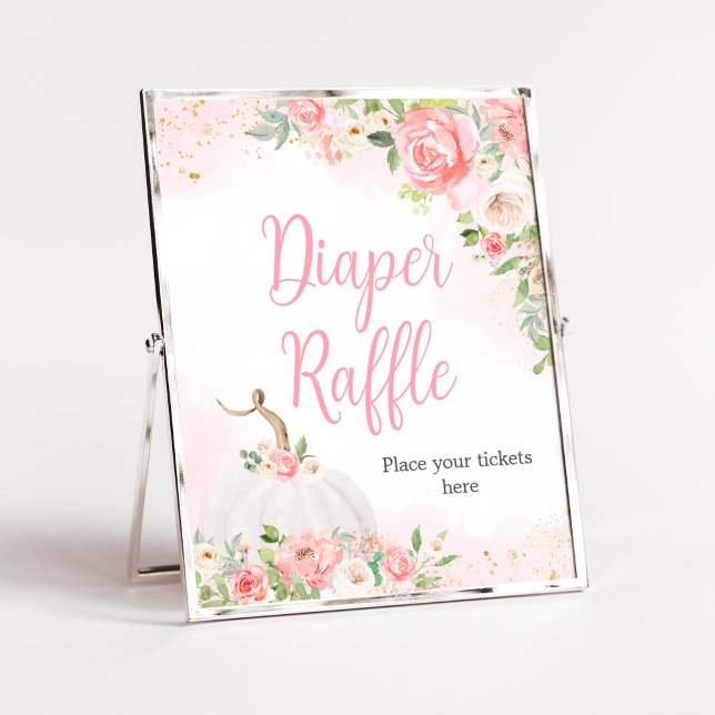 Floral Fall Pumpkin Baby Dusche Windelwanne Raffel Poster (Pink Pumpkin Baby Shower Diaper Raffle Sign)
