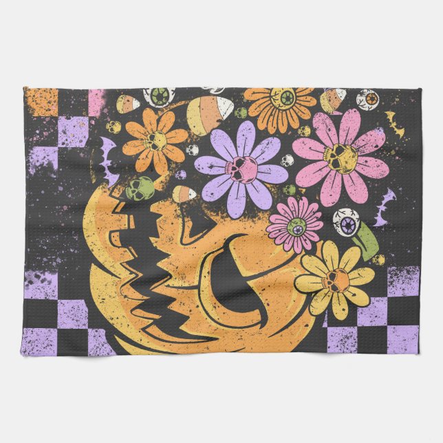 Floral Fall Pumpkin Halloween Geschirrtuch (Horizontal)