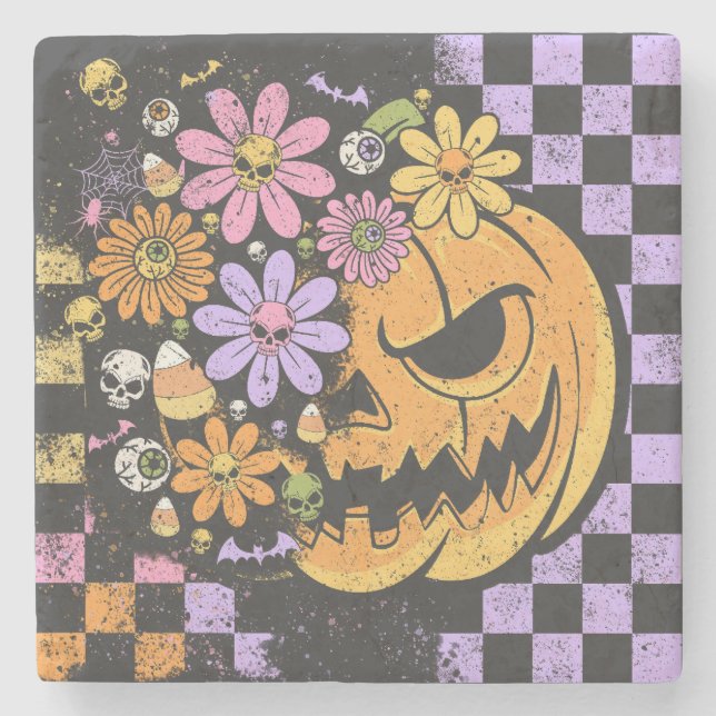 Floral Fall Pumpkin Halloween Steinuntersetzer (Vorderseite)