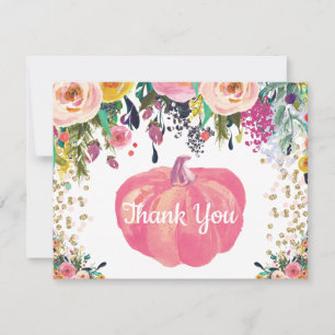 Floral Fall Pumpkin Pink Gold Glitzer Confetti Dankeskarte