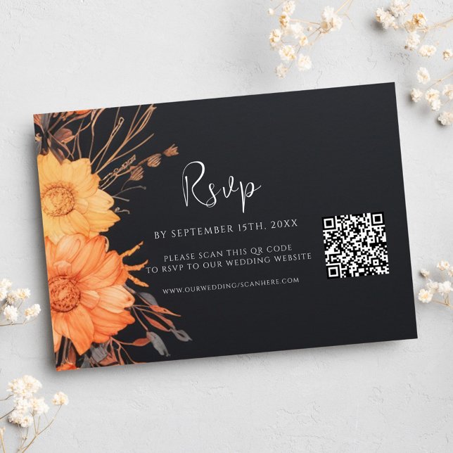 Floral Fall QR Code Black Wedding RSVP Karte (Floral Fall QR Code Black Wedding RSVP Card)