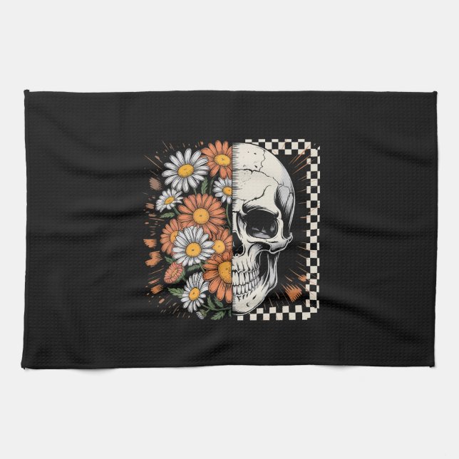 Floral Fall Skeleton Boho Halloween Geschirrtuch (Horizontal)