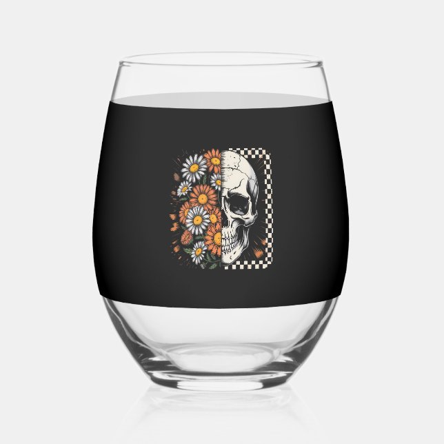 Floral Fall Skeleton Boho Halloween Weinglas Ohne Stiel (Vorderseite)