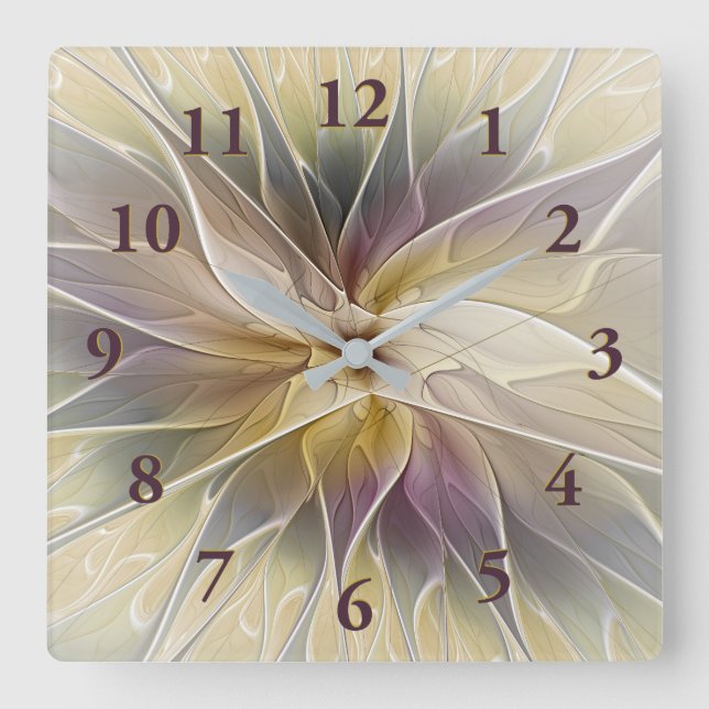 Floral Fantasy Gold Eggine Abstraktes Fraktal Art Quadratische Wanduhr (Vorderseite)