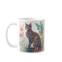 Floral Feline Cat Farbenfrohe Illustrierte Tasse