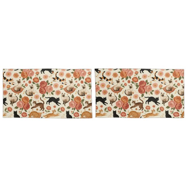 Floral Felines: Cozy Cats & Blooms Pattern Kissenbezug (Rückseite-Set)