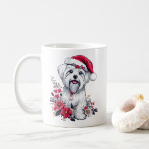 Floral festlicher maltesischer Hund mit Weihnachts Kaffeetasse