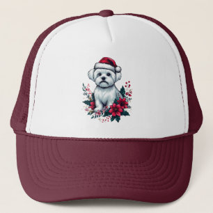 Floral festlicher maltesischer Hund mit Weihnachts Truckerkappe