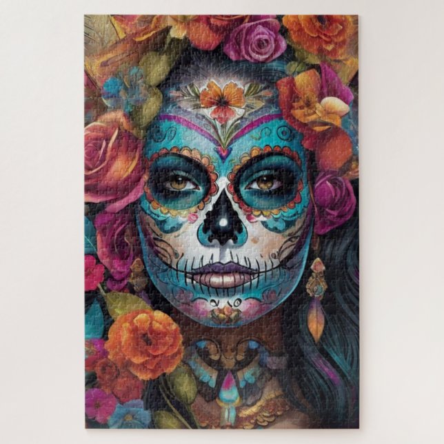 Floral Fiesta: Frauen Embraces Dia de los Muertos (Vertikal)