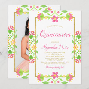 Floral Fiesta White Gold Quinceanera Foto Einladung