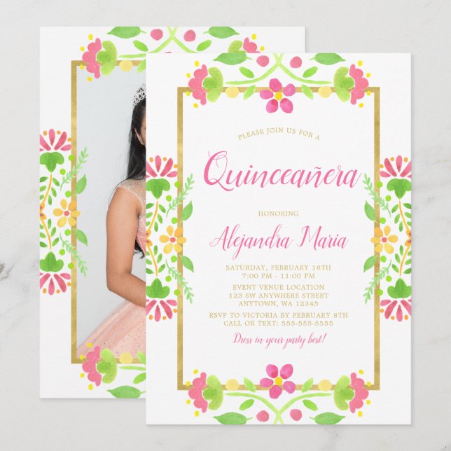 Floral Fiesta White Gold Quinceanera Foto Einladung (Vorne/Hinten)