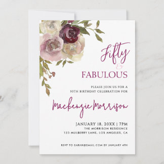 Floral Fifty and Fabulous Script Birthday Party Einladung