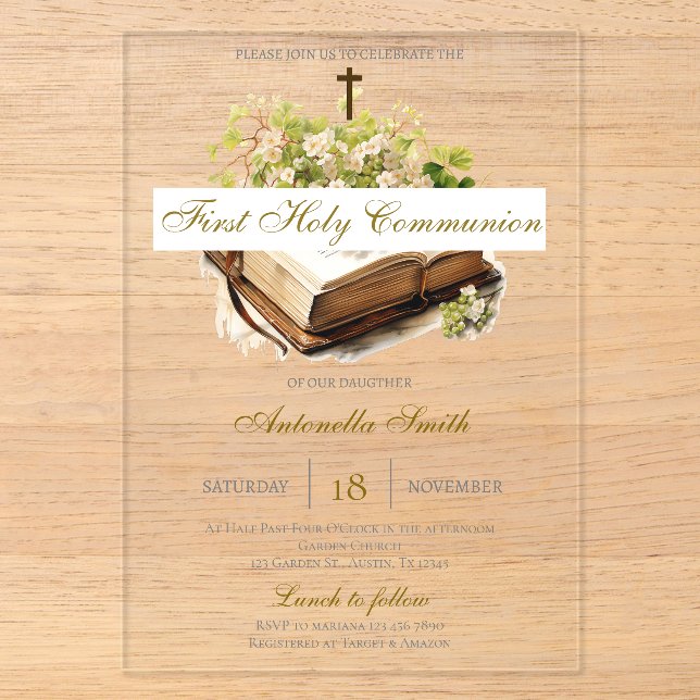 Floral First Holy Communion for girl Acryleinladungen (Vorderseite)