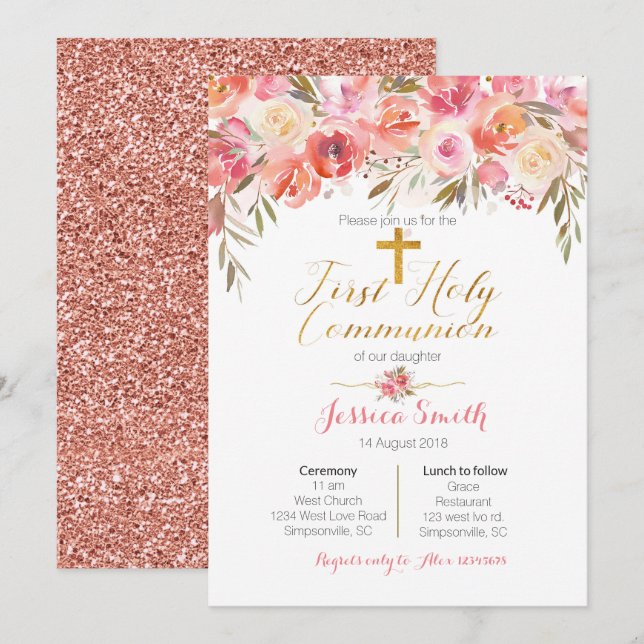 Floral First Holy Communion Invitations Rose Gold (Devant / Derrière)