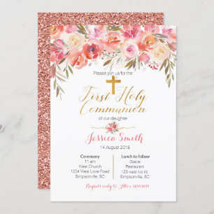 Floral First Holy Communion Invitations Rose Gold