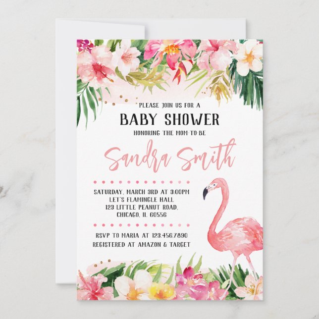 Floral Flamingo Baby Dusche Einladung (Vorderseite)