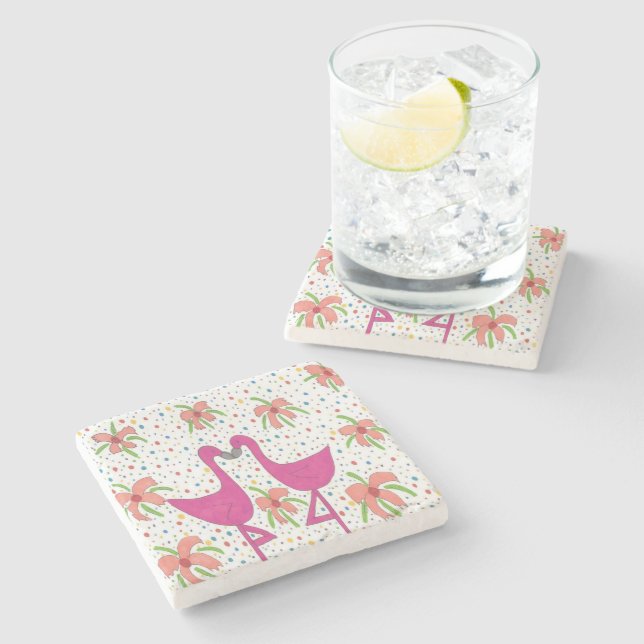 Floral Flamingo Fiesta Steinuntersetzer (Seitenansicht)