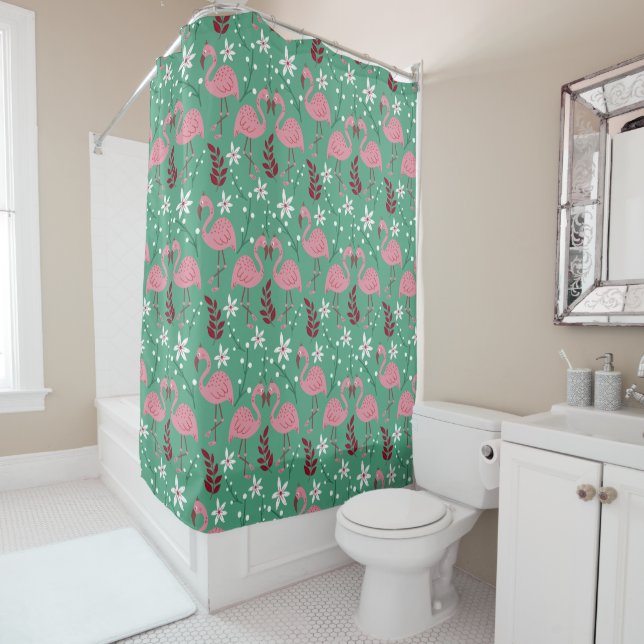 Floral Flamingo nahtloses Muster rosa grün Duschvorhang (Beispiel)