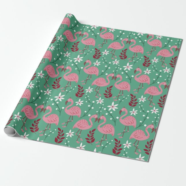 Floral Flamingo nahtloses Muster rosa grün Geschenkpapier (Ungerollt)