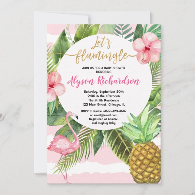 Floral flamingo Rosa goldene Mädchendusche Einladung (Vorderseite)