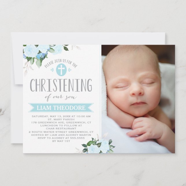 Floral Flores Bleu | Invitation Christening (Devant)