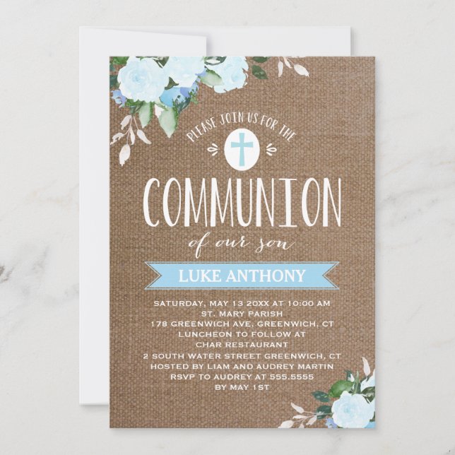 Floral Floroms Burlap Bleu | Invitation à la commu (Devant)